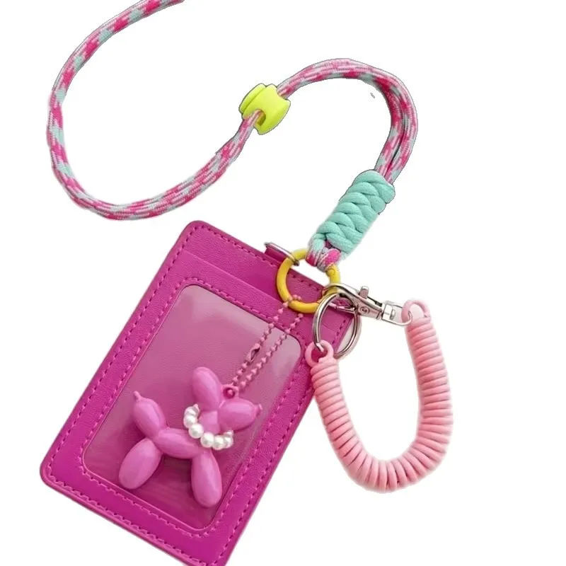 Cute Dog Pendant Card Holder PU Leather Multi Slot ID Badge Cover with Spring Anti-lost Keychain Lanyard