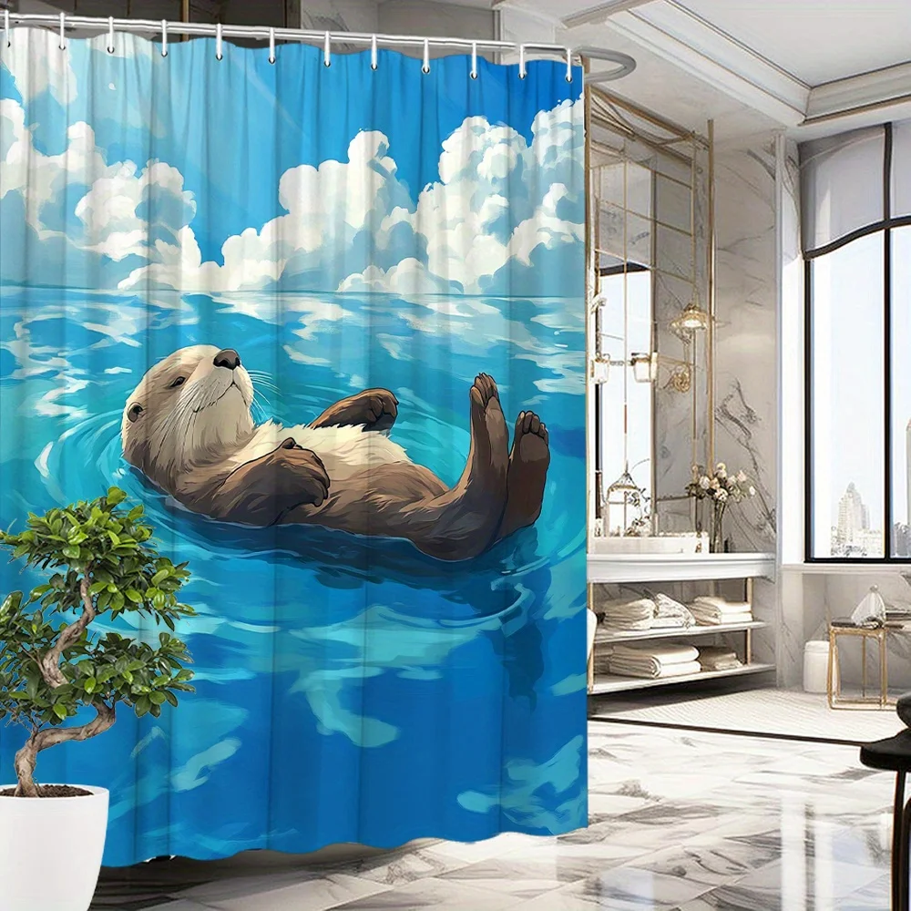 Shower Curtain Relaxed Otter Floating Blue Water Cloud Sky Print Polyester 70.8x70.8 Inch Machine Washable