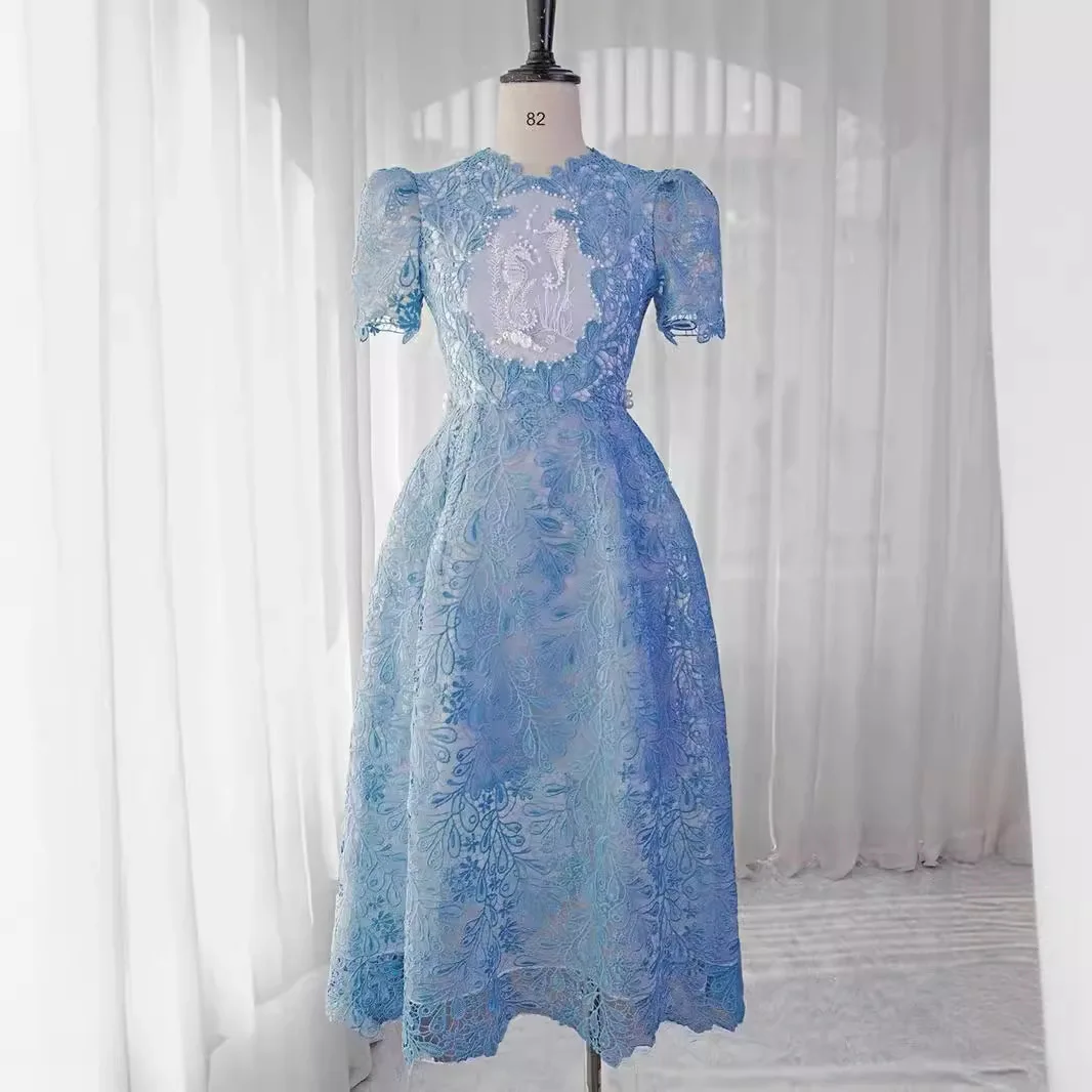 Designer Summer Holiday Blue Flower Embroidery Lace Prom Midi Dress Women Short Sleeve Bead Diamonds Crochet Long Vestidos Party