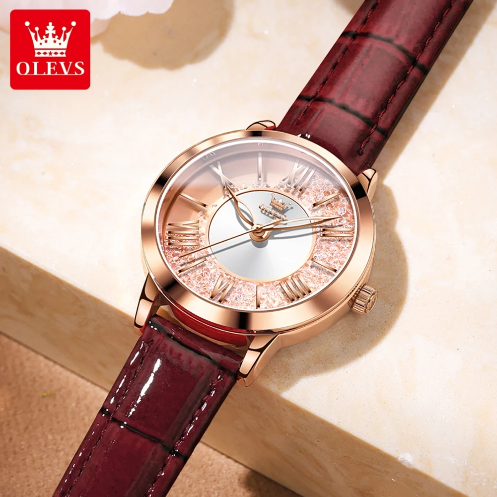 Original OLEVS New Quartz Watch Women Top Brand Leather Watchband Elegant Fashion Quicksand Female Watch Girls Dress Wristwatch