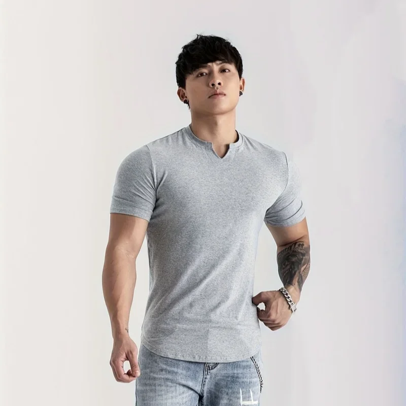 2024Summer Men T-Shirt V-Neck Short Sleeve Clothes Hip Hop Fashion Trend Comfortable Running And Fitness Motion V-Neck Top