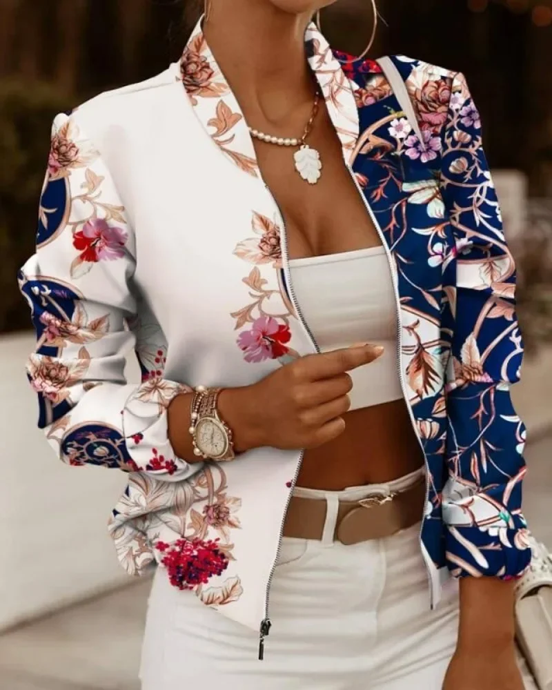 Veste à col rond imprimée décorative pour femmes, cardigan à manches longues, fermeture éclair Piedmont, vêtements d'automne et d'hiver, nouvelle mode