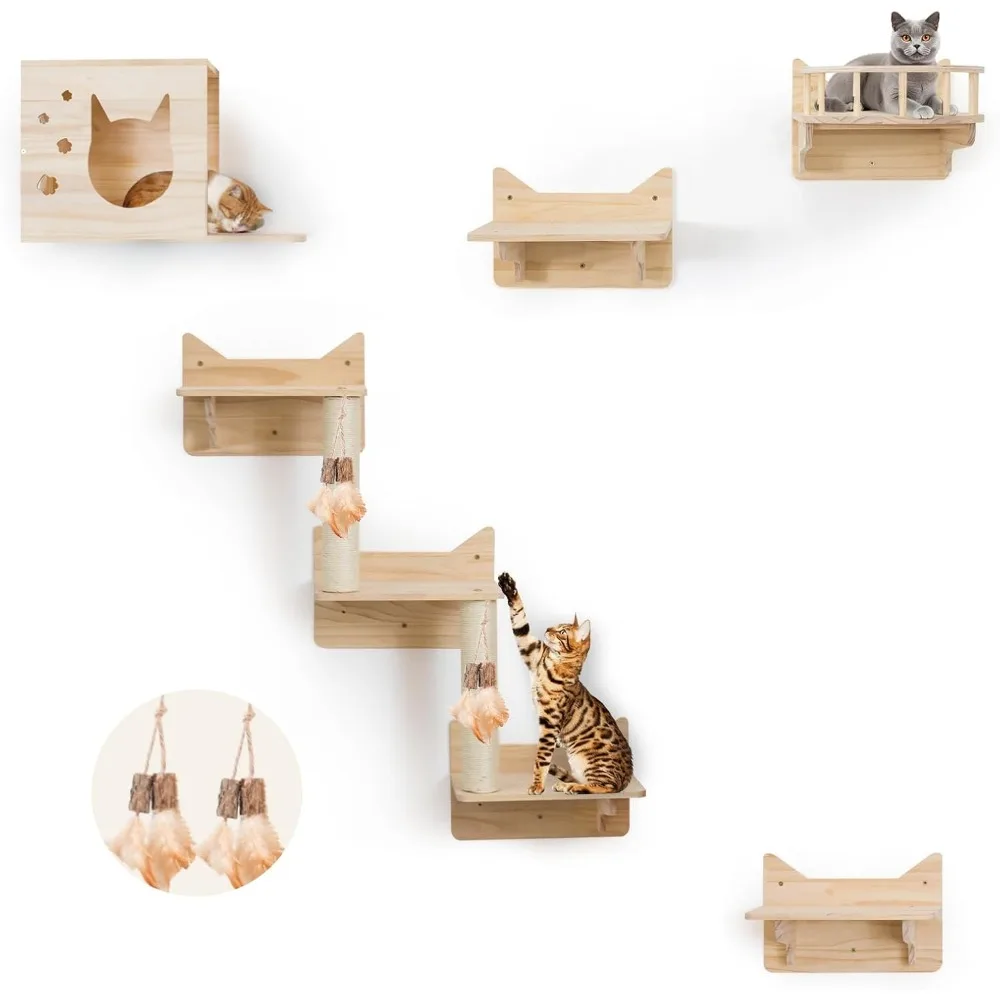 

Pine Cat Wall Shelves, Set of 5 Cat Wall Furniture, Cat Scratching Post with 3 Steps, Cat Perch, Cat House and Cat Condo, 4 Cat