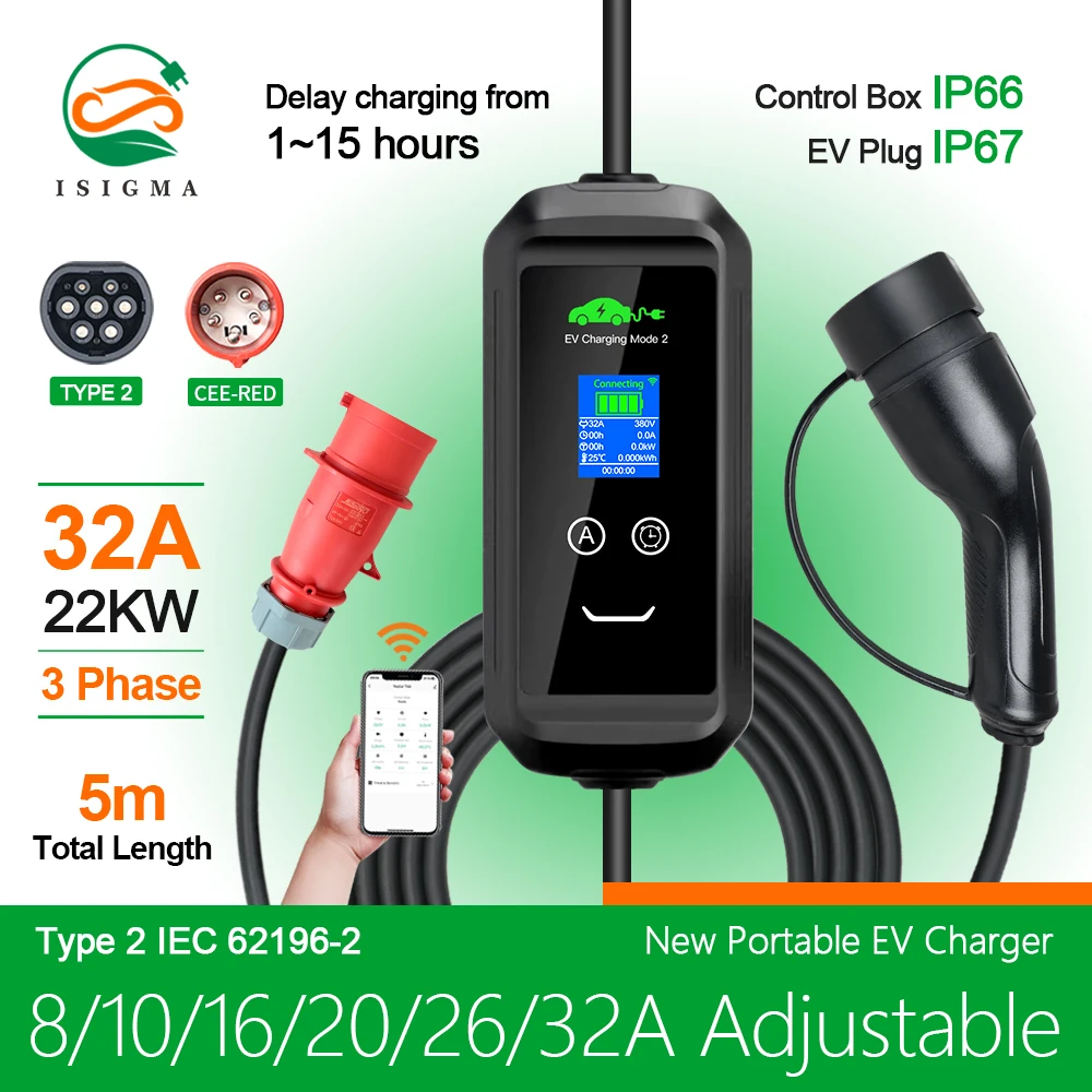 

GOODCELL APP Type2 EV Charger WIFI Bluetooth Support 3P 32A 22KW EU Plug For Home Charge Delay Control By Phone IP66
