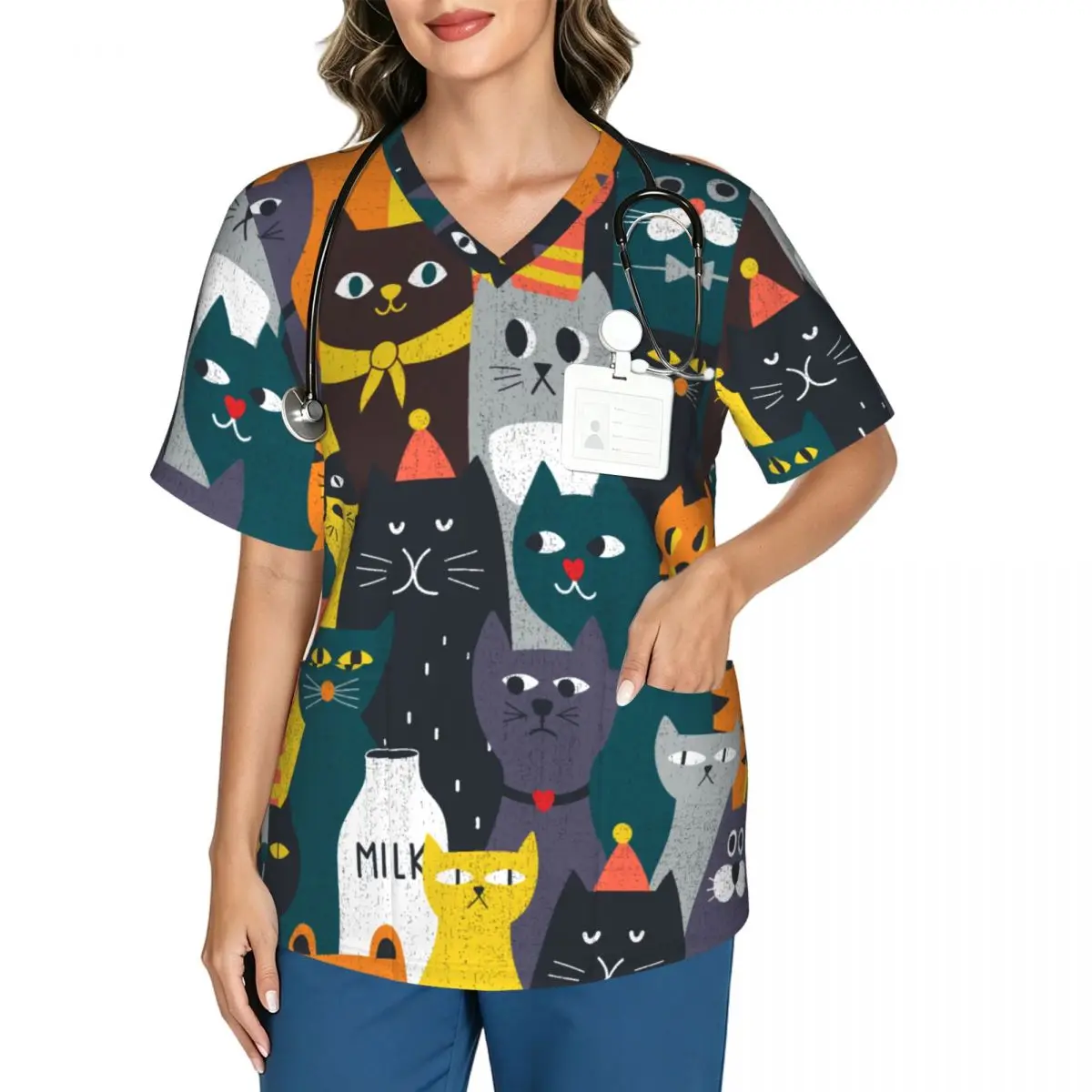 Cute Cat Working Uniform Tops For Women V-Neck Short Sleeve Fun T-Shirts Workwear Tee With Pockets