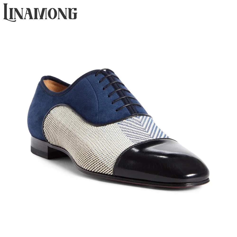 

Blue Leather Suede Woven Fabric Oxfords Mixed Materials Classic Oxford Shoes Sleek Silhouette Closed Lacing Handmade Dress Shoes