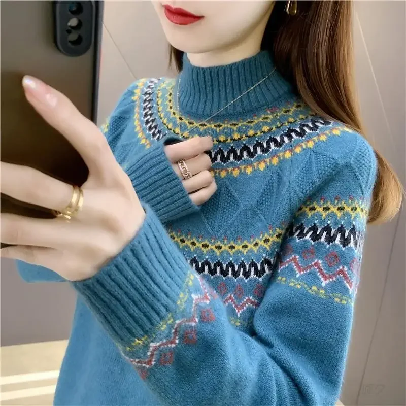 

Vintage Jacquard Weave Knitted Jumpers Winter Spliced Long Sleeve Women's Clothing Casual Half High Collar Loose Sweaters E135