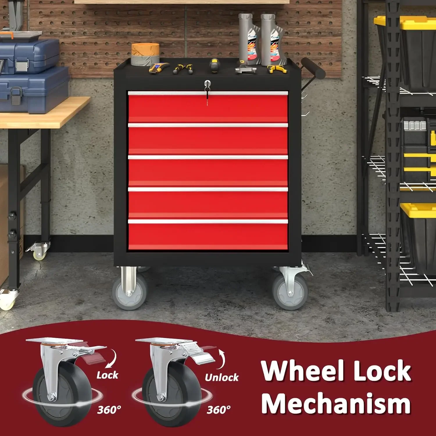 

5-Drawer Tool Chest, Tool Box with Wheels, Movable Rolling Chest, High Capacity Chest with Wheels