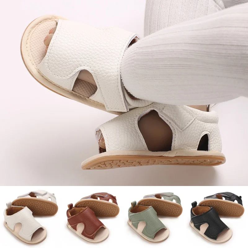 Solid color First Walker newborn baby summer PU open toe sandals baby shoes rubber soft sole anti slip 0-18M
