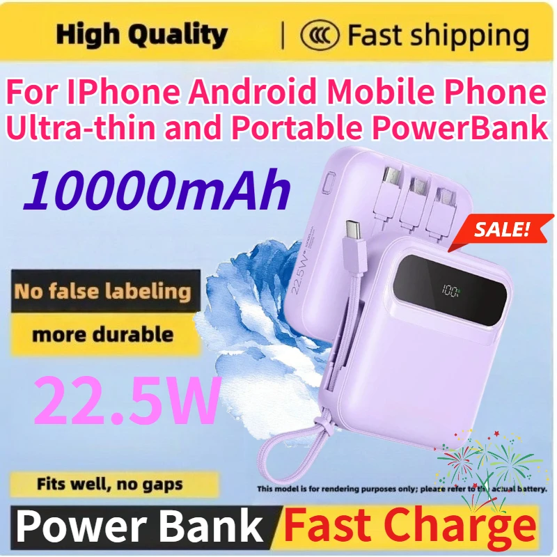 22.5W 10000mAh Power Bank with Four Built-in Cables for IPhone Android Mobile Phone Ultra-thin and Portable PowerBank