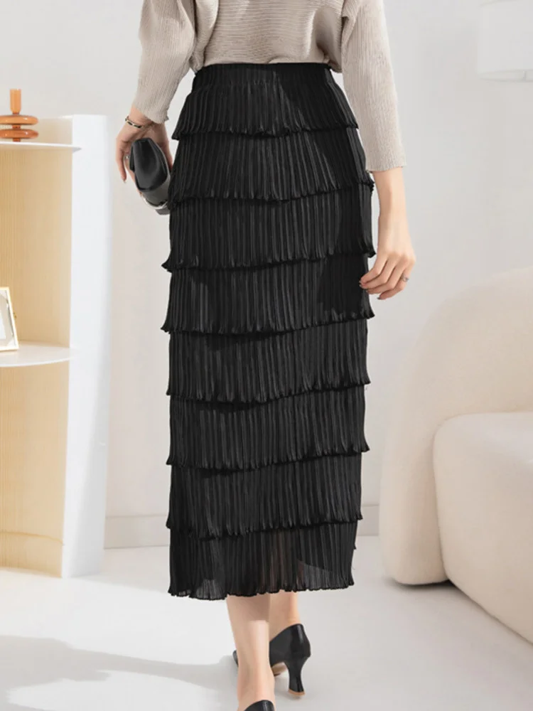 Solid Elegant Pleated Skirt Women High Elastic Waist Hip Wrap Layered A-line Skirts Female 2023 New Spring  M211