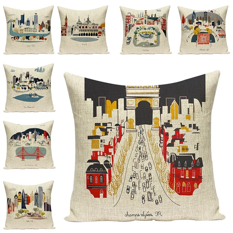 World-Famous building Printed Cushion Covers Cotton Linen Decorative City Pillowcases Art  Seat sofa Chair Cushions Home Decor