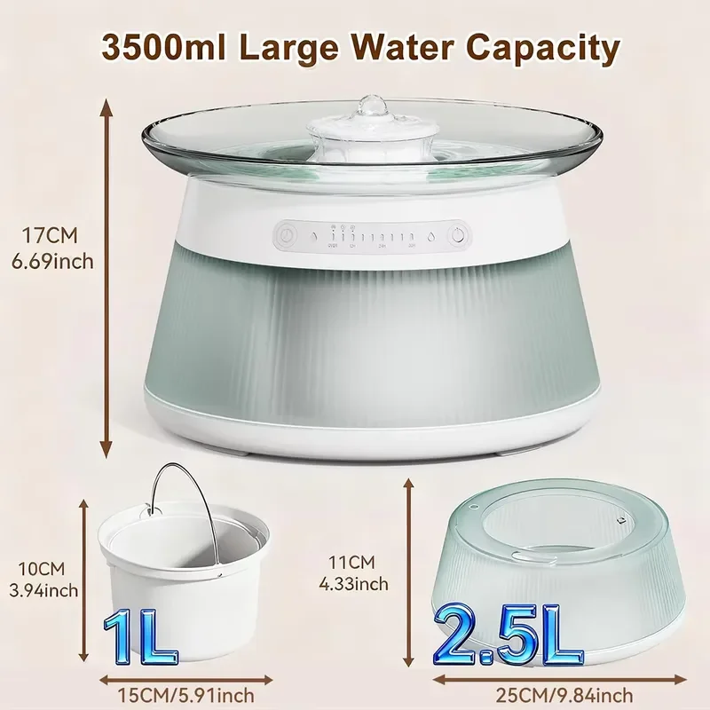 3.5L Smart Glass Cat Water Dispenser Wireless Motion Sensor Automatic Pet Fountain Double Separation Design 4000mAh Battery