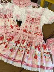 NONSAR Victorian Sweet Lolita Jsk Dress Cute Striped Strawberry Cake Print Suspenders Dress Japanese Summer Kawaii Party Dresses