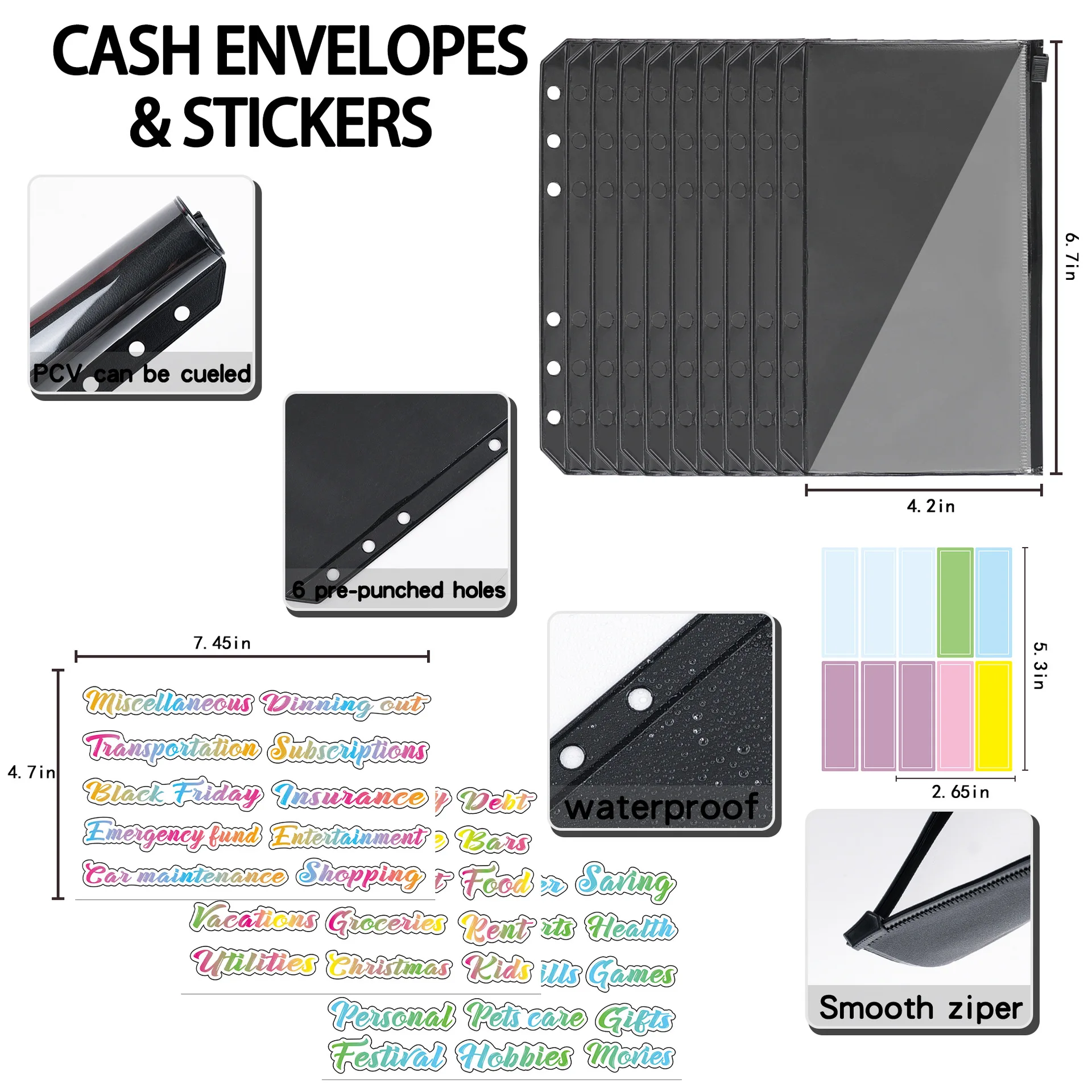 A6 Money Organizer, 6-Ring Budget Planner kit with Cash envelopes, Budget Refill Inserts, Cash Pockets, Matched Stickers