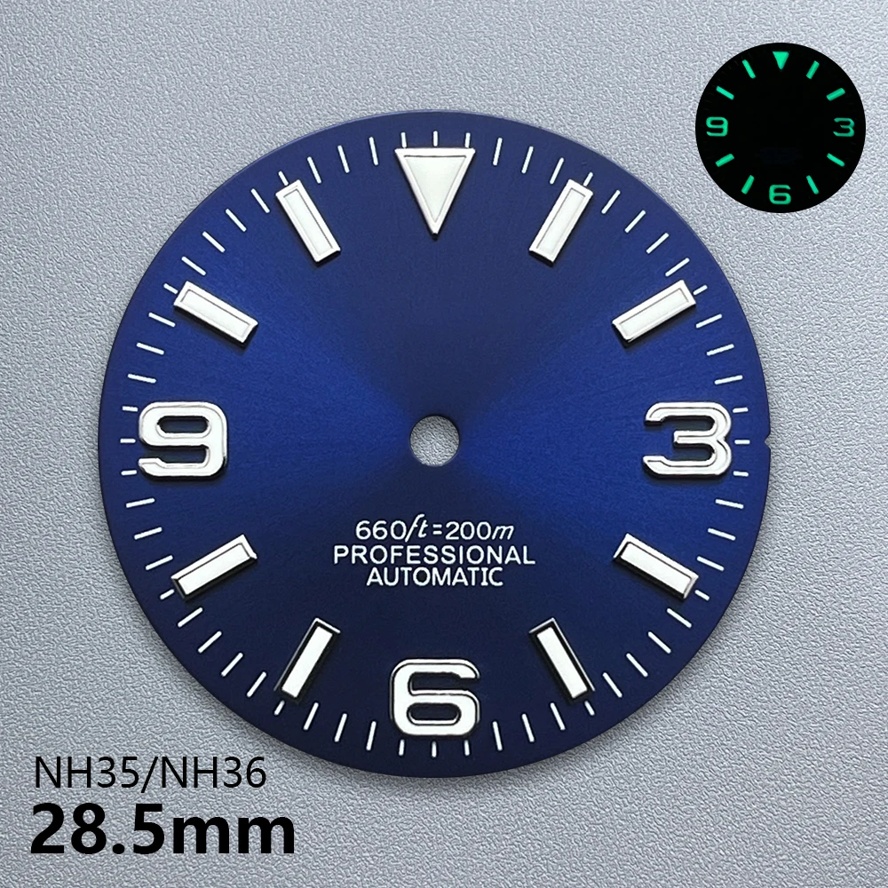 28.5mm S Logo Ex plorer Sunray Dial Suitable For NH35/NH36 Japanese Movement Green Luminous Watches Modification Accessories