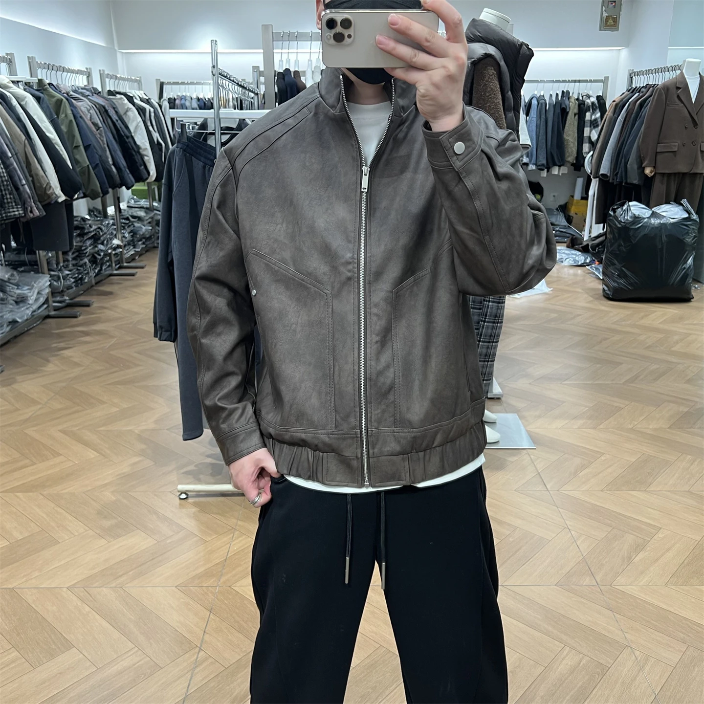 

son Men's Fce Lined Thiened Stand Collar PU Leather Jaet American Sle Casual Slim Fit Commuter Motorcycle Jaet