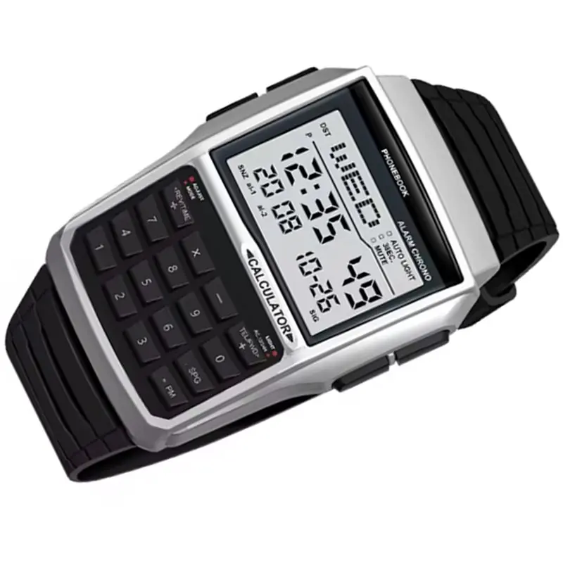 ABKQ-boîtier en plastique montre pour hommes Style ordinateur bracelet en acier inoxydable montre hommes calculatrice montre multifonctionnelle Led