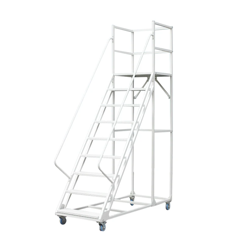 Warehouse Portable Rolling Mobile Work Platform Cold-rolled Steel Ladder with Handrail Steel Ladder Industrial Ladder