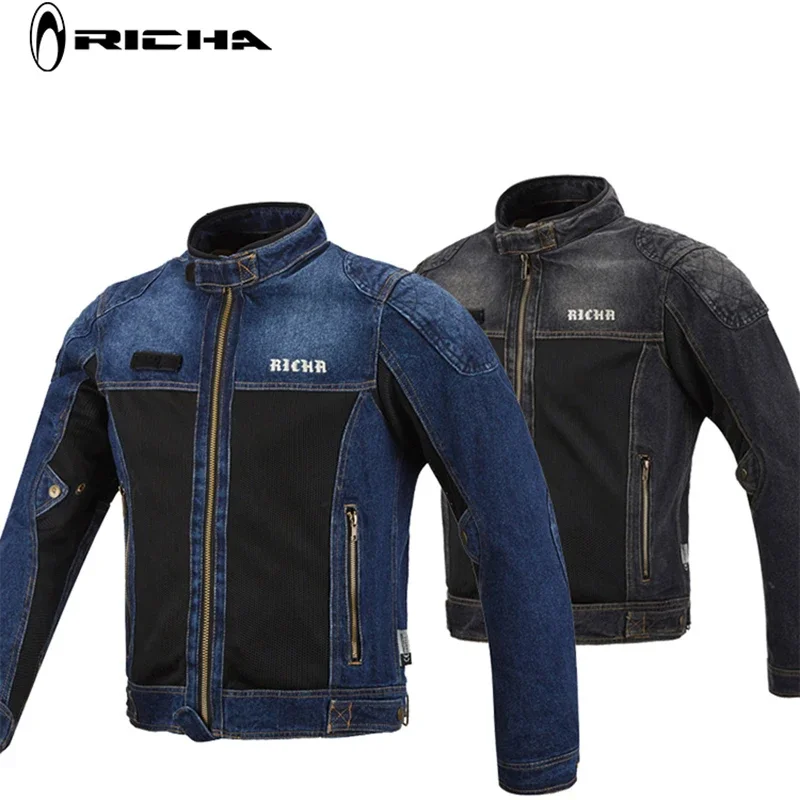 RICHA -1703 Motorcycle Jacket Summer Mesh Jacket Ventilation Fall Prevention Retro Denim Motorcycle Jacket Adventure Riding Gear