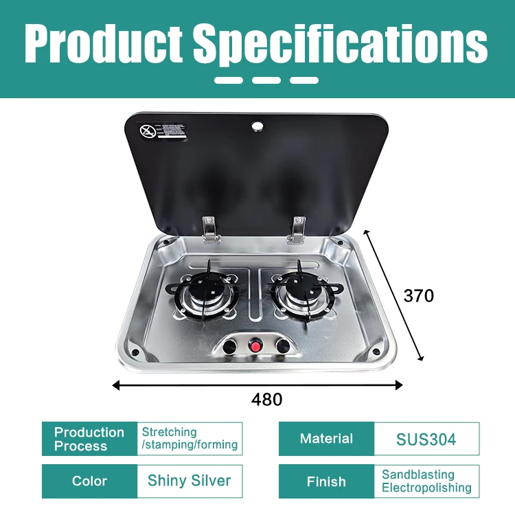 JDA Stainless Steel RV Cooktop Gas Stove Built-in 2 Burner With Glass Cover Gas Burner For RV Picnic Marine