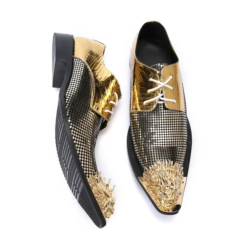 Fashion Gold Metal Pointed Toe Real Leather Men Brogue Shoes Party Celebration Lace Up Dress Shoes Business Office Oxfords Shoes