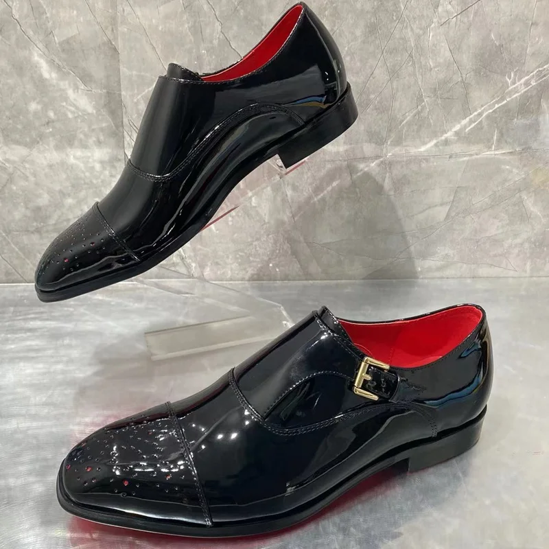 Men Black Patent Leather Shoes Fashion Buckle Loafer Men Dress Shoes Slip On Breathable Formal Shoes Casual Office Shoes