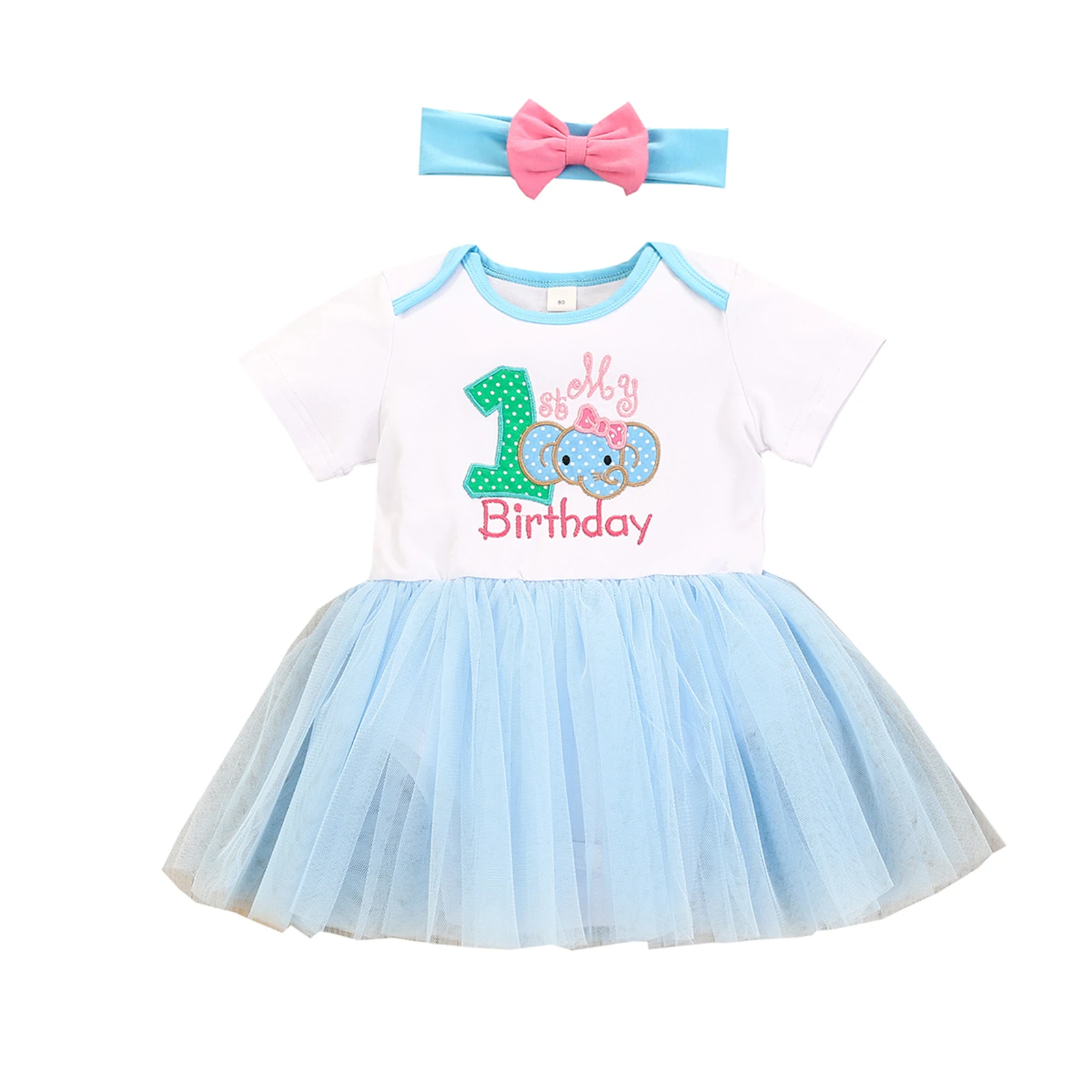 Baby Girl Clothes Hairband Set Birthday Elephant Lettering Print Short Sleeve Bodysuits Dress Matching Bow Headband