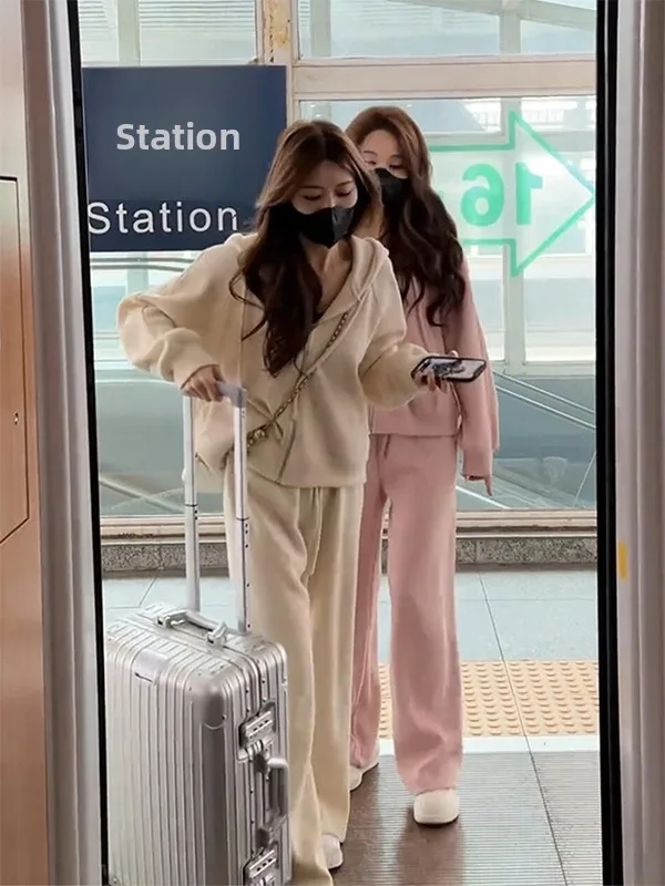 

Korean Style Fashionable Casual Sportswear Set Women's Spring Autumn Open Cardigan Sweatshirt Long Pants High-End Two-Piece Set