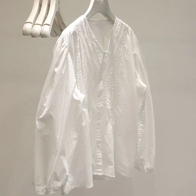 Plus Size Dames irt V-Ne Long Sve Bloemenversiering Geplooide losse pasvorm Casual top voor jongere uitziende lente zomer