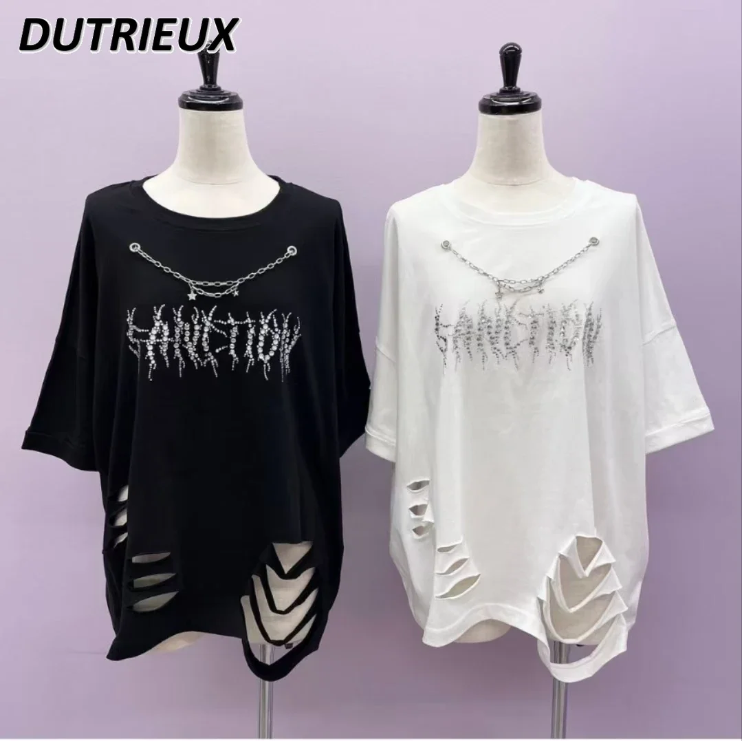 Japanese Mines Sweet and Cool Girls Hot Diamond Chain Short-sleeved T-shirt Solid Color Loose Pure Cotton Casual Round Neck Top