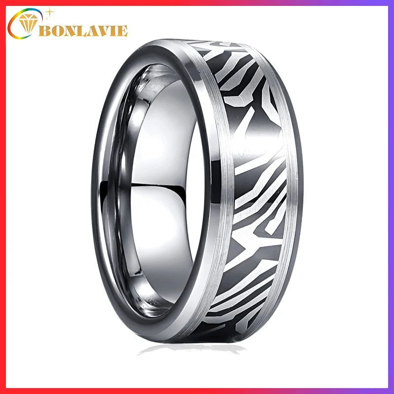 BONLAVIE 8mm Damascus Steel Pattern Lassa Tungsten Carbide Ring Men's Fashion Wedding Jewelry Gift