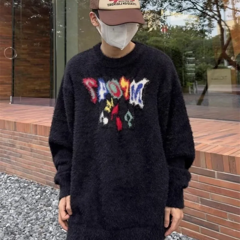 

American Sle Oversize Men's Knitwear round Ne Sweater with Letter Embroidery Large Size 300 Pou Loose Design Winter Fa...