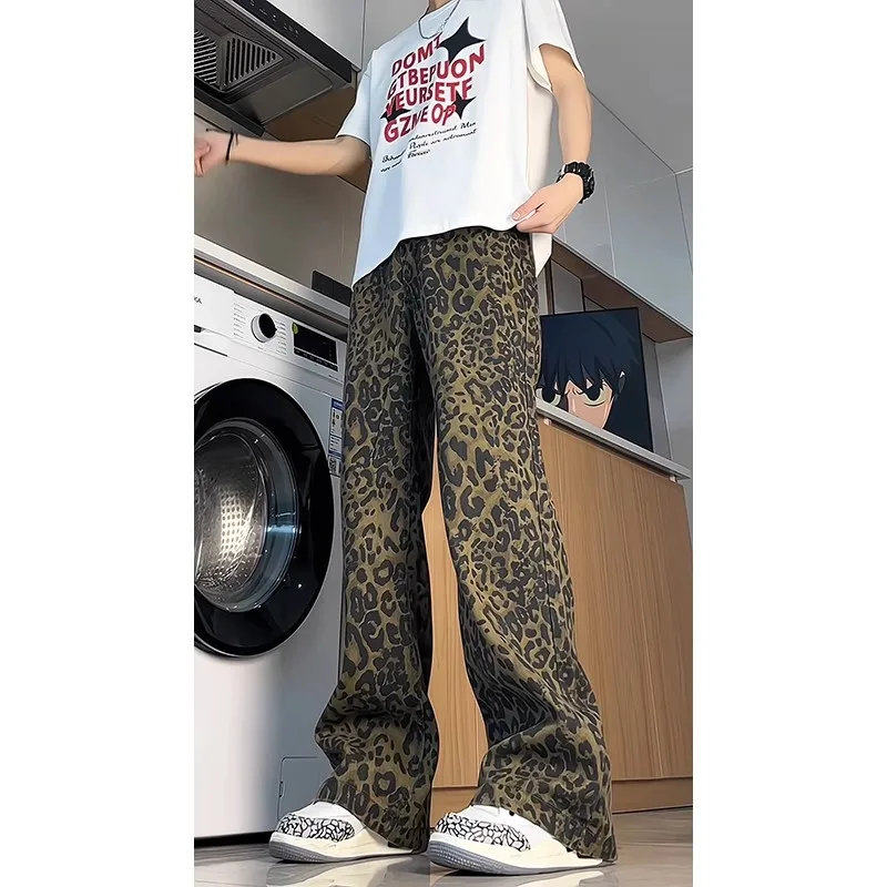 

Ретро-джинсы в американском стиле с леопардовым принтом, свободные прямые повседневные брюки для мужчин, винтажные джинсы в пол для женщин