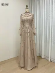 MYMB Muslim High Neck Long Sleeves Champagne Evening Dresses for Women Party Gorgerous A-Line Beaded Mother of The Bride Dress