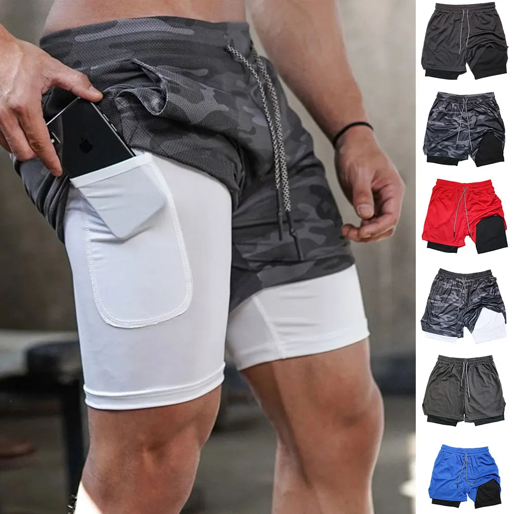 

2026 New Men's Solid 2-in-1 Athletic Shorts Compression Stretchy Quick Dry Gym Fitness Workout Shorts