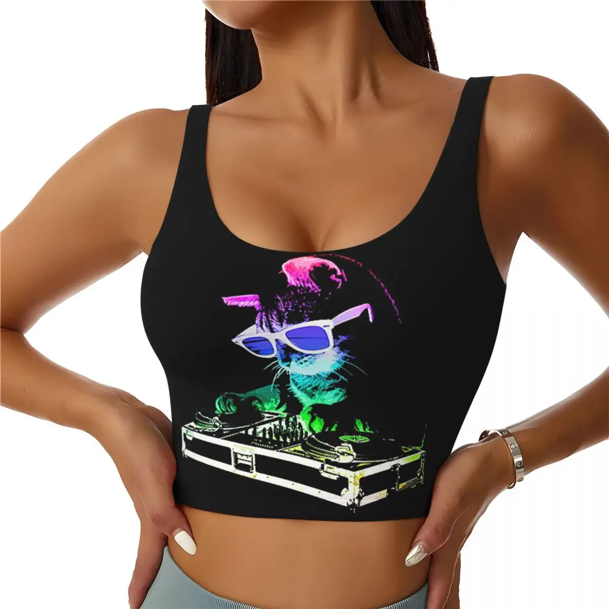 

Custom House Cat Rainbow Dj Kitty Women Sports Bra High Impact Vest Gym Workout Yoga Crop Tank Tops