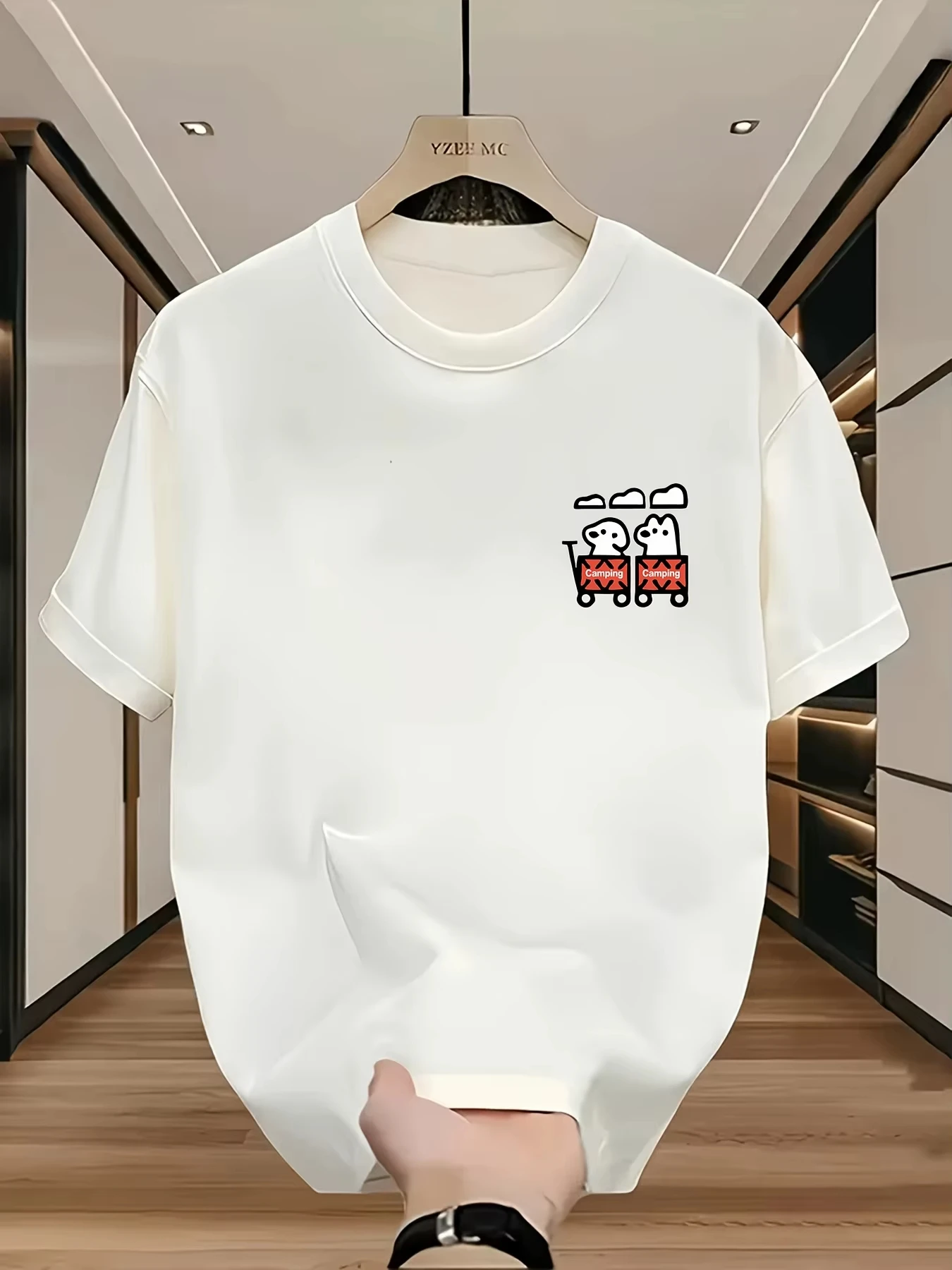 Cute Camping Adventure Graphic Tee with Cartoon SUV and Tent Print 100% Cotton Men's T-shirt Summer Outdoor-Inspired Casual Top