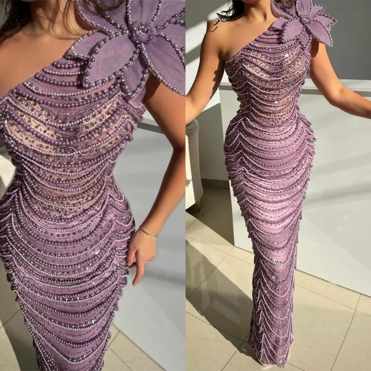 Luxury Full Pearls Beading Evening Dress Formal Occasion Dresses For Wedding Party Arabic Appliques Prom Dress Customized Robe