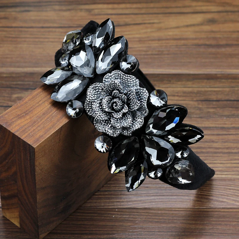 Luxury Hair Accessories Gorgeous Gray Crystal Baroque Headband Big Flower Rhinestone Hairband For Women Wedding Party