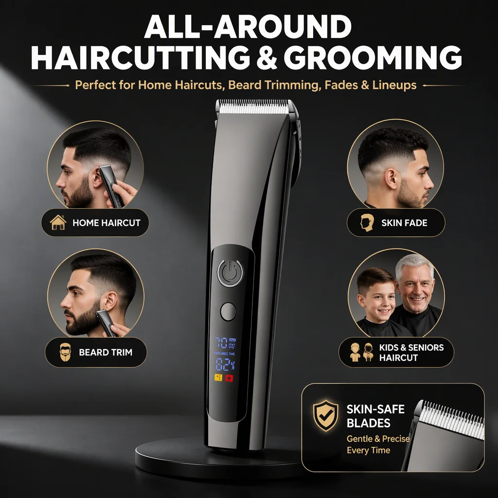 Professional Hair Clipper Trimmer Kit USB Cordless Barber Grooming Set with LED Digital Display 3 Speeds 4 Guide Combs for Men