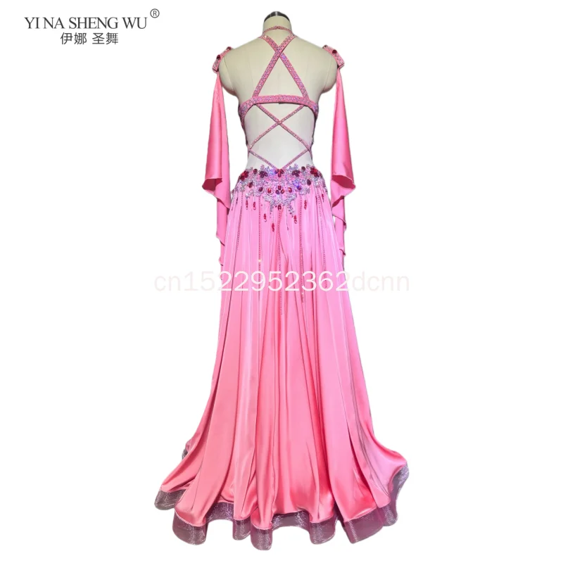 Women's Luxury Belly Dance Costume AB Stones Bra with Sleeves And Satin Long Skirt 2pcs Customized Dancer Competition Outfit