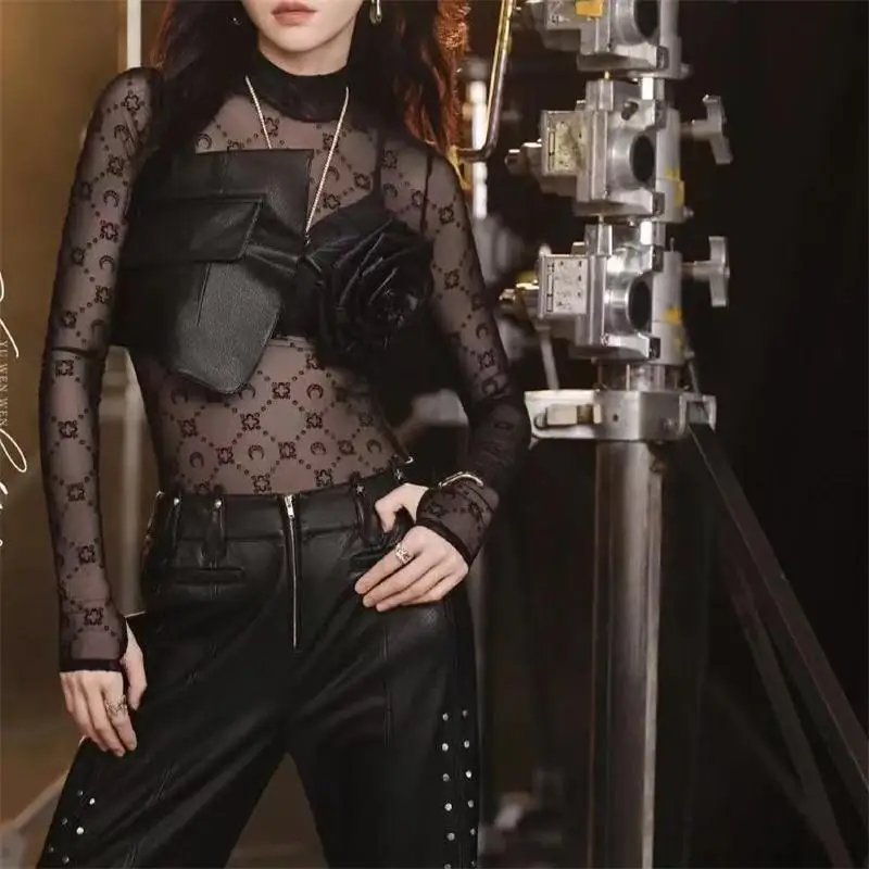Moda feminina lua reunida camiseta manga longa blusa de malha transparente estilo y2k sexy fino tule topos casual