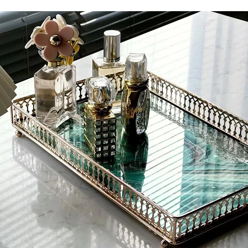 Glass Storage Tray Metal Stand Cosmetic Jewelry Candy Snack Dessert Plate Household Rectangular Bathroom Containers