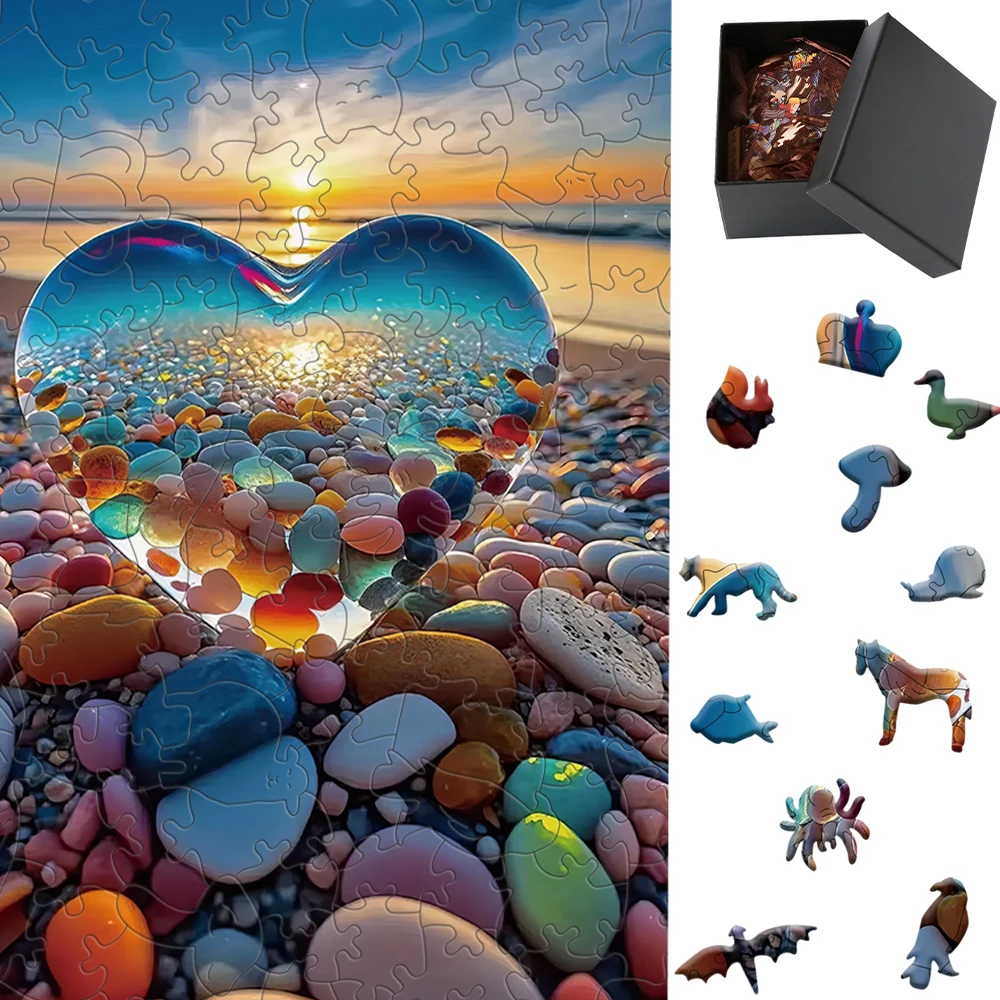 Love Seaside Stones Wooden Puzzle DIY Crafts Educational Wood Puzzle For Kids Adults Jigsaw Puzzle Game Family Interactive Game