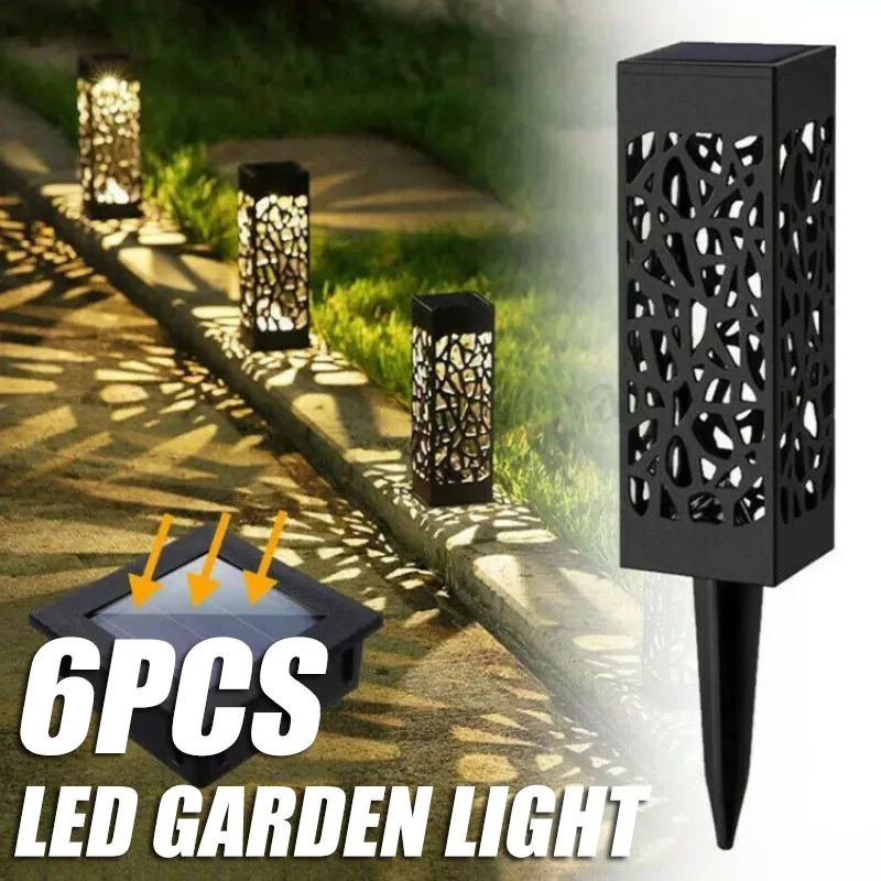 6 حزمة أضواء المسار الشمسية في الهواء الطلق LED مصابيح حديقة السيارات تشغيل/إيقاف الغسق إلى الفجر مقاوم للماء تصميم مجوف للفناء ساحة الحديقة