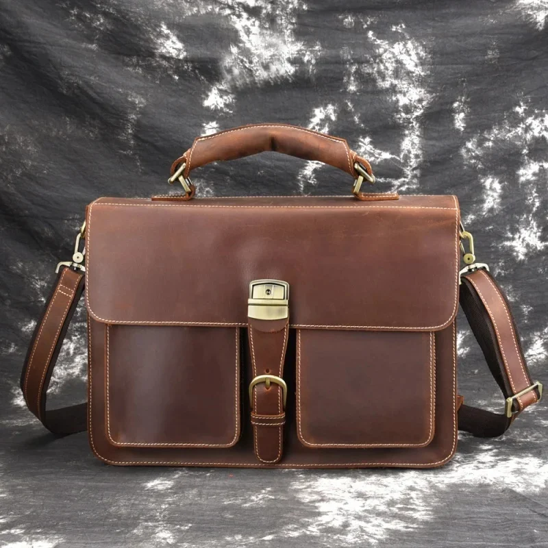 Luxury Retro 100% Cow Leather Men Briefcase 15.6 inch Large Capacity Laptop Fashion Shoulder Male Business HandBag