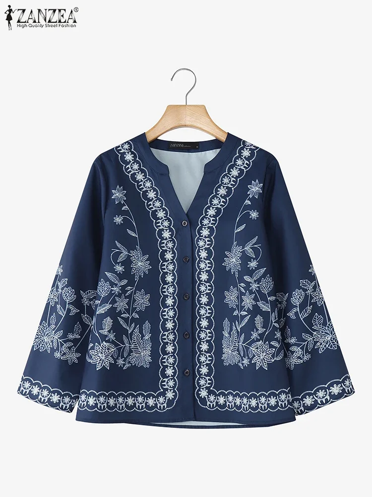 ZANZEA 2025 Autunno Camicetta Moda Donna Scollo a V Manica lunga Camicia stampata Elegante OL Camicie da lavoro Blusas allentate Bottoni casual Top