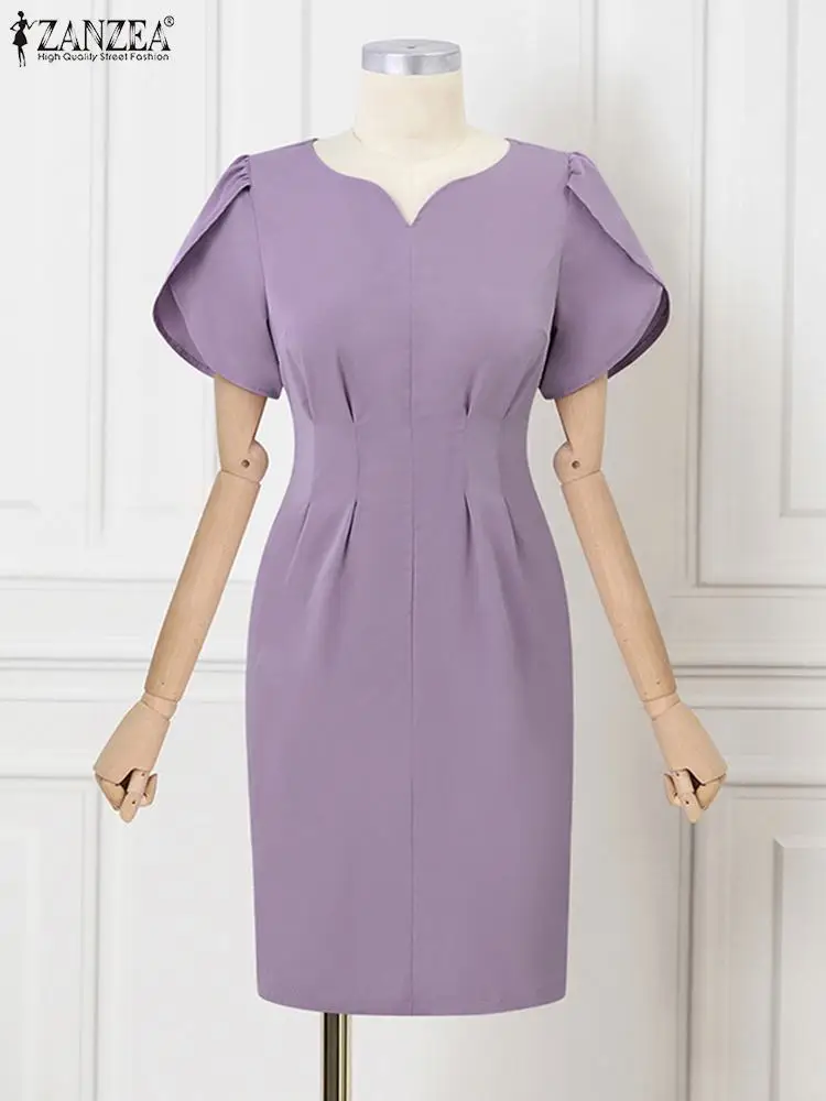 ZANZEA 2024 Summer Sexy Waist V-neck Robe Elegant Party Midi Dress Women Petal Short Sleeve Evening Dress Vintage Wrap Vestidos