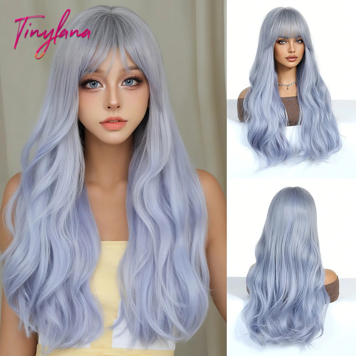 

Ледяной Синий Лаванда Прямая Челка Длинный Волнистый Синтетический Парик Термостойкий Пастельный Цвет Натуральный Вьющийся Косплей Лолита Вечеринка Ежедневно